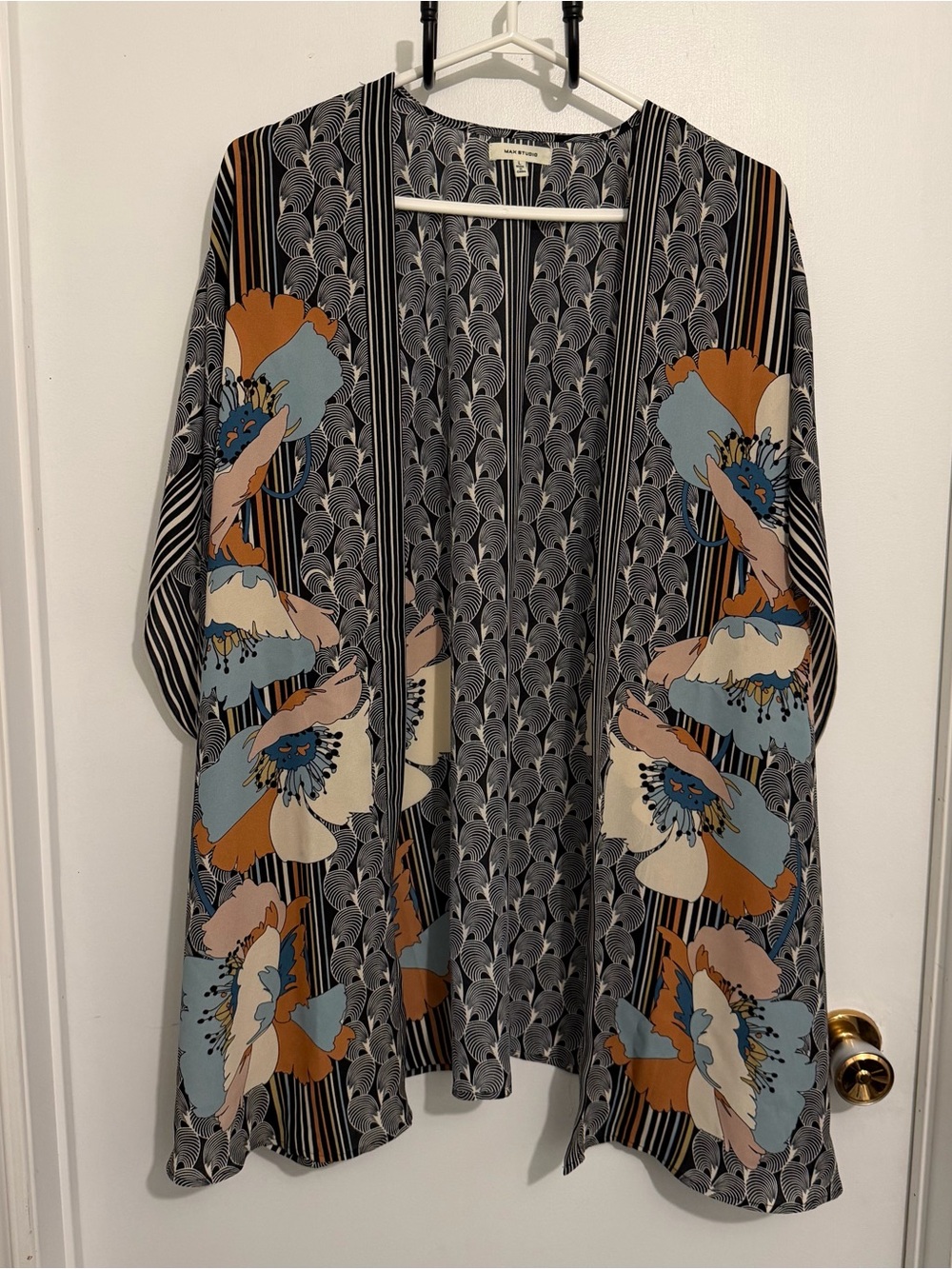 Max Studio Floral Stripe Open Kimono in Black, Blue, Cream, Tan, pink